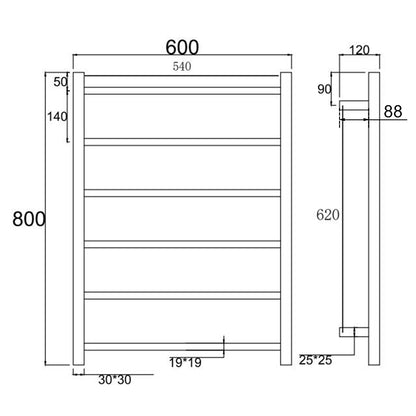 6 BAR SQUARE HEATED TOWEL RAIL - MATTE BLACK 800H*600W*120D