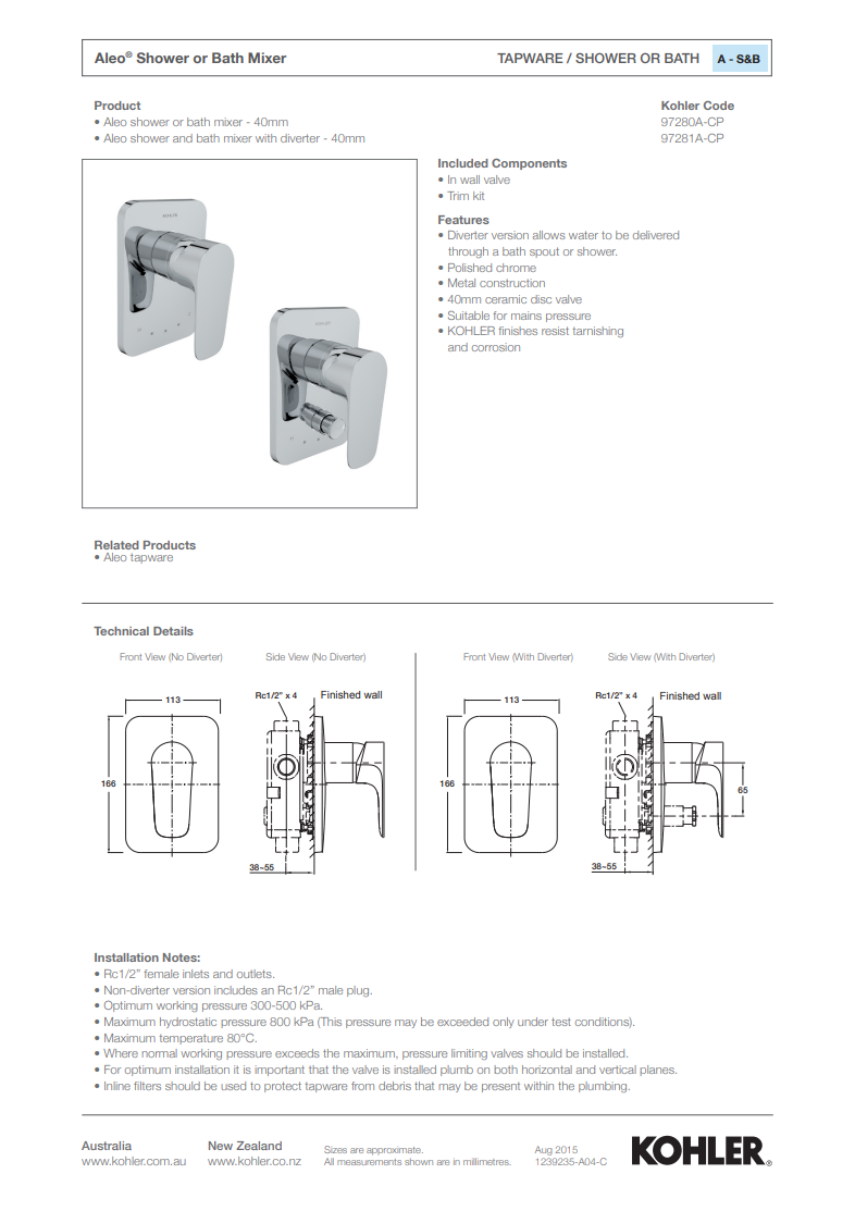 KOHLER ALEO SHOWER/BATH MIXER 166 X 113MM POLISHED CHROME 97280A-CP