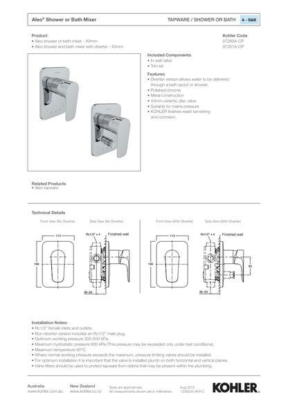 KOHLER ALEO SHOWER/BATH MIXER 166 X 113MM POLISHED CHROME 97280A-CP