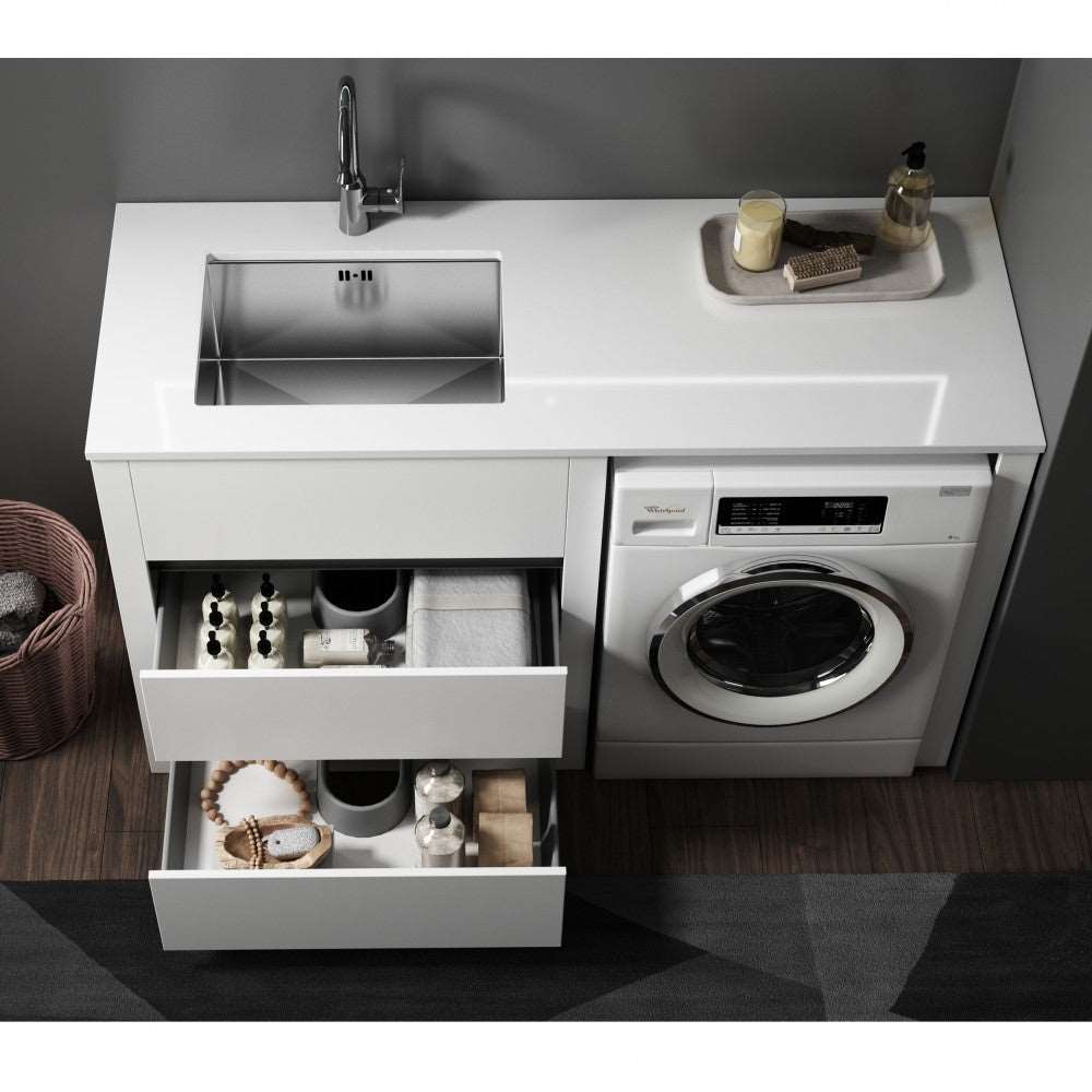 1500MM WHITE PLYWOOD LAUNDRY STATION | STONE BENCHTOP | STAINLESS STEEL SINK