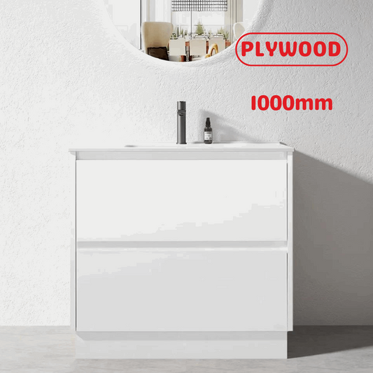 1000MM POLO GLOSS WHITE PLYWOOD FREESTANDING VANITY WITH CERAMIC TOP