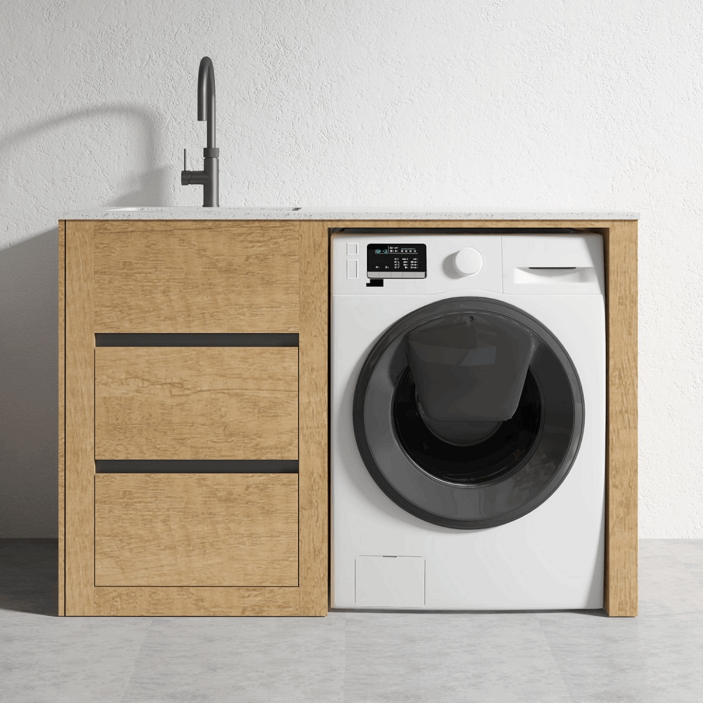 1500MM PLYWOOD LAUNDRY STATION | HONEY OAK | STONE BENCHTOP | STAINLESS STEEL SINK