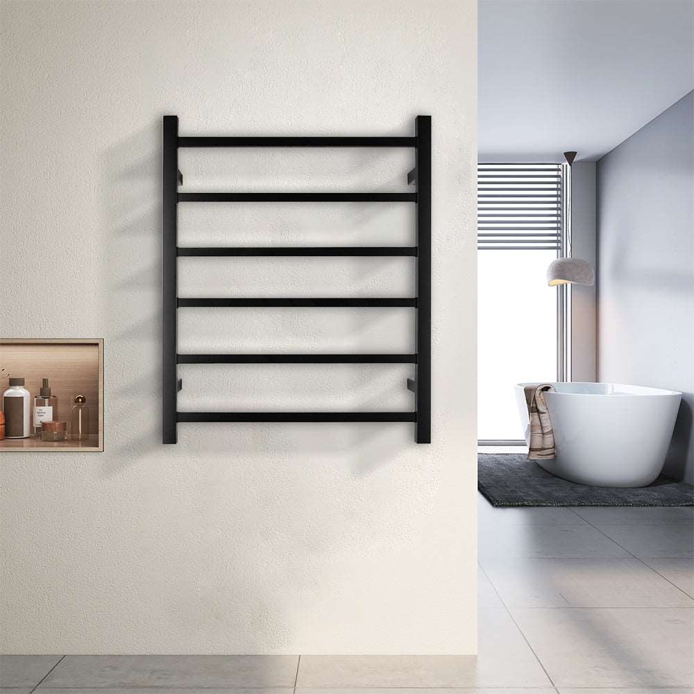 6 BAR SQUARE HEATED TOWEL RAIL - MATTE BLACK 800H*600W*120D