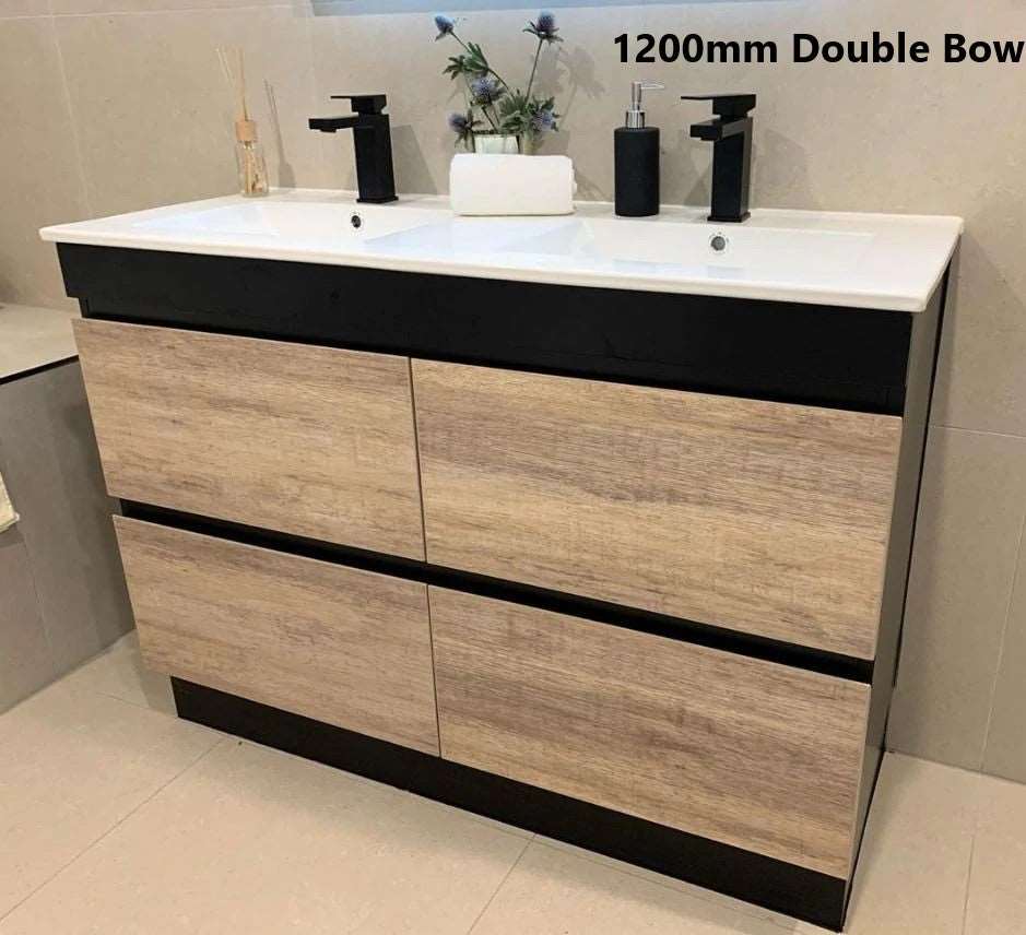 1200MM POLO BLACK & LIGHT OAK FREESTANDING VANITY WITH DOUBLE BASIN CERAMIC TOP