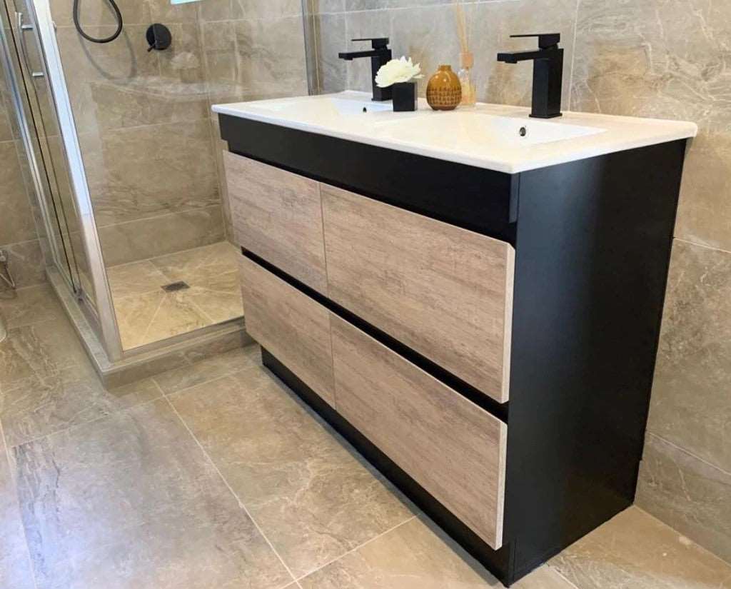 1200MM POLO BLACK & LIGHT OAK FREESTANDING VANITY WITH DOUBLE BASIN CERAMIC TOP