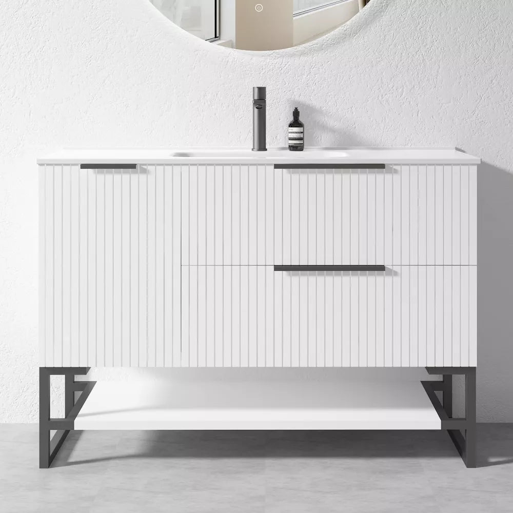 1200MM FLUTED FLOOR STANDING VANITY WITH METAL LEGS | WHITE | PLYWOOD