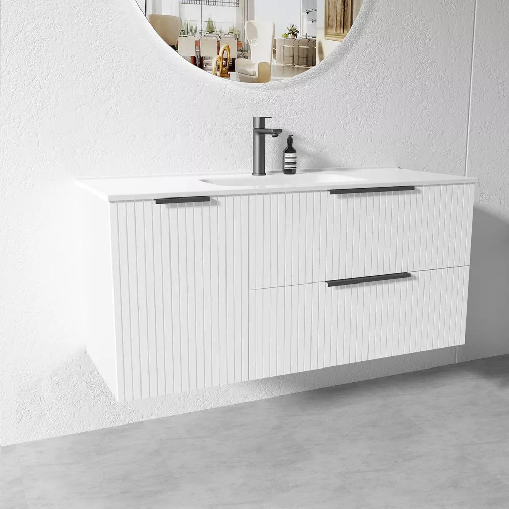 WHITE WALL HUNG VANITY | 1200MM | FLUTED | PLYWOOD | SINGLE BASIN