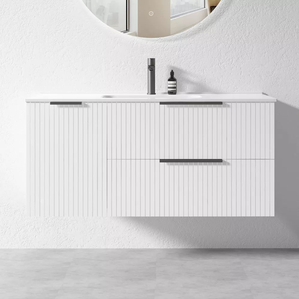 WHITE WALL HUNG VANITY | 1200MM | FLUTED | PLYWOOD | SINGLE BASIN