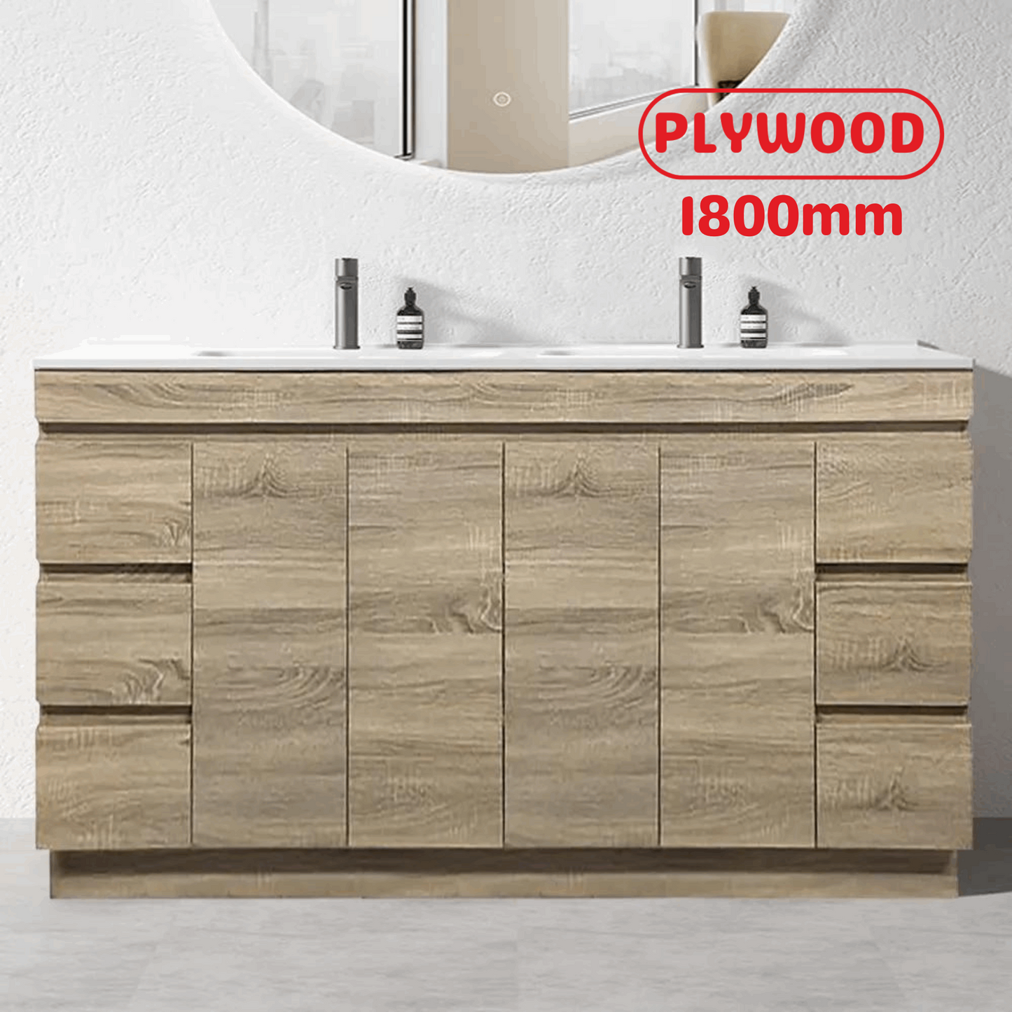 1800MM MADRID PLYWOOD LIGHT OAK FREESTANDING VANITY