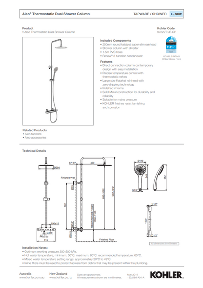 KOHLER ALEO THERMOSTATIC DUAL SHOWER COLUMN - EXPOSED VALVE