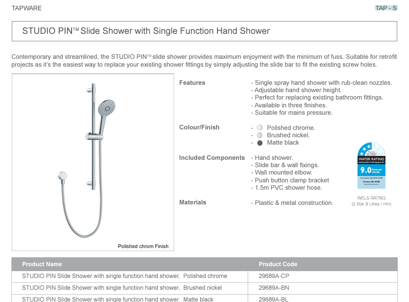 ENGLEFIELD STUDIO PIN SLIDE SHOWER 3 COLOURS AVAILABLE