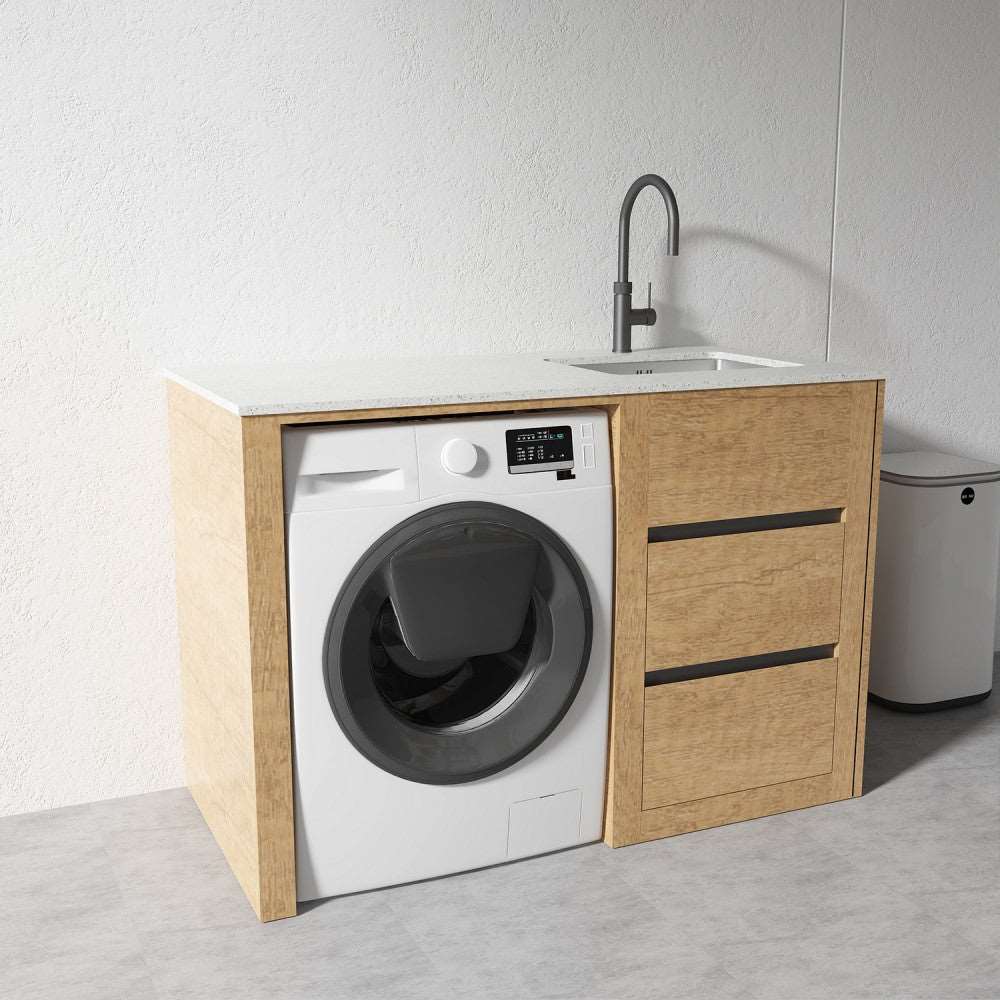 1300MM PLYWOOD LAUNDRY STATION | HONEY OAK | STONE BENCTOP | STAINLESS STEEL SINK