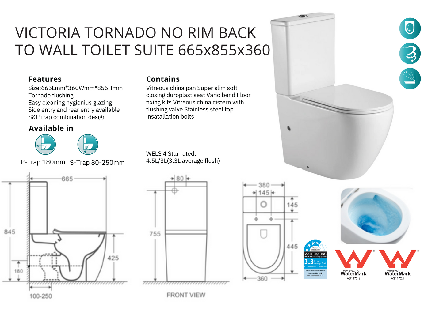 VICTORIA ZERO RIM TORNADO BACK TO WALL TOILET SUITE 665X360X855