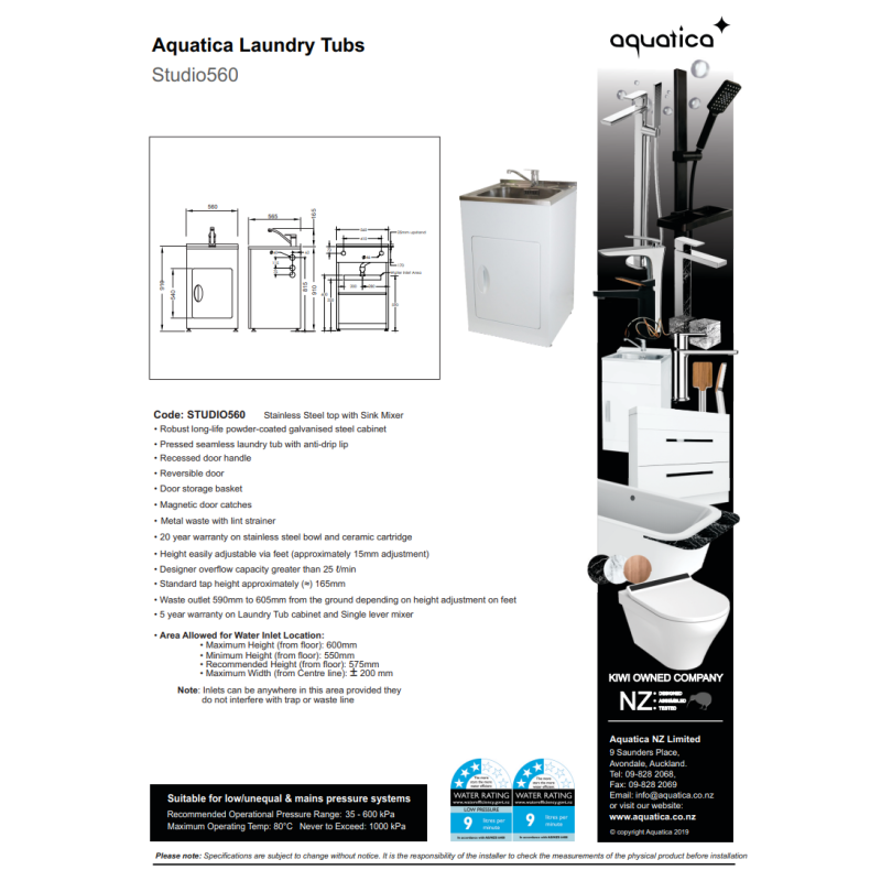 AQUATICA STUDIO LAUNDRY TUB 560MM DOOR MODEL