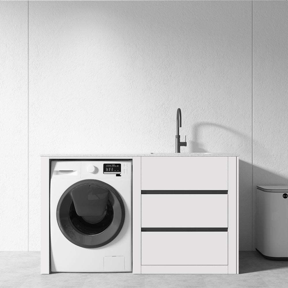 1500MM WHITE PLYWOOD LAUNDRY STATION | STONE BENCHTOP | STAINLESS STEEL SINK