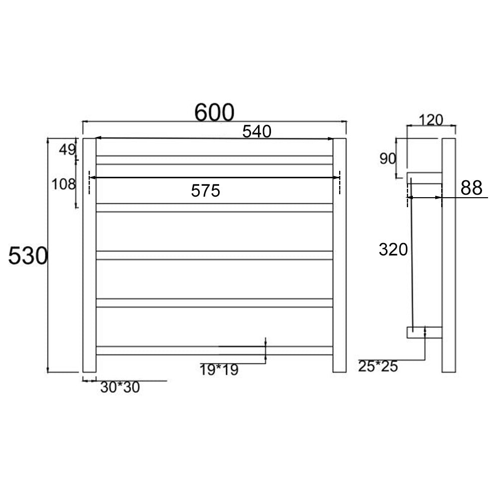 5 BAR SQUARE HEATED TOWEL RAIL - CHROME 530H*600W*120D