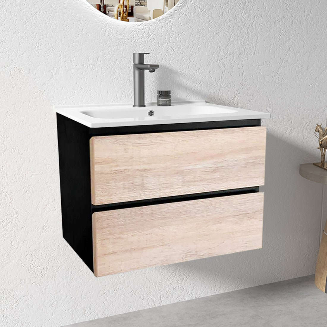 NELSON WALL HUNG VANITY | 600MM | BLACK & LIGHT OAK | PLYWOOD