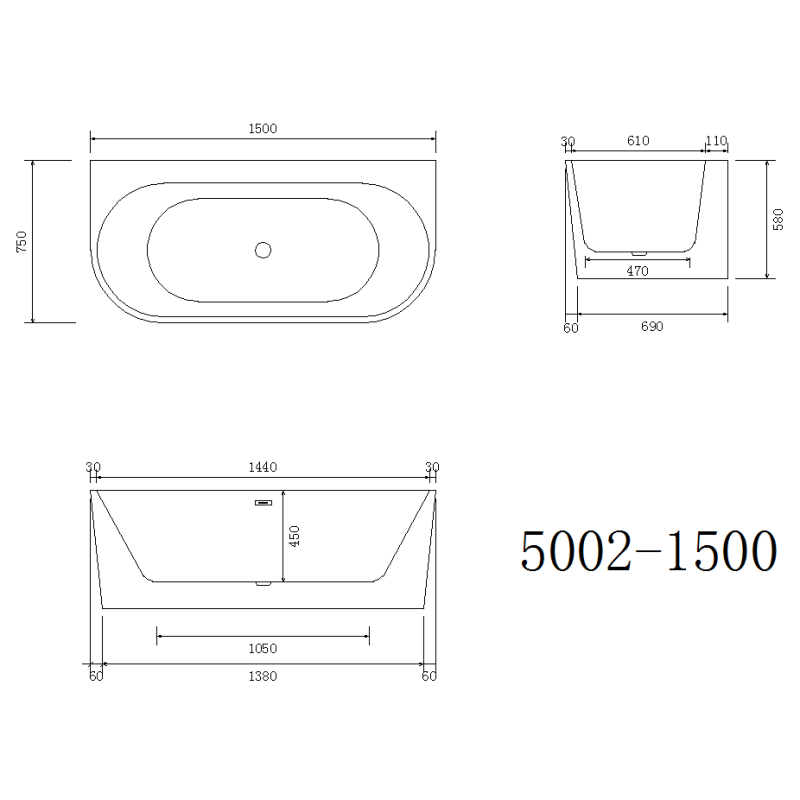 1500MM ZEPHYR OVAL SHAPE FREESTANDING BACK TO WALL BATH DN