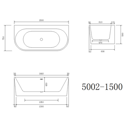 1500MM ZEPHYR OVAL SHAPE FREESTANDING BACK TO WALL BATH DN