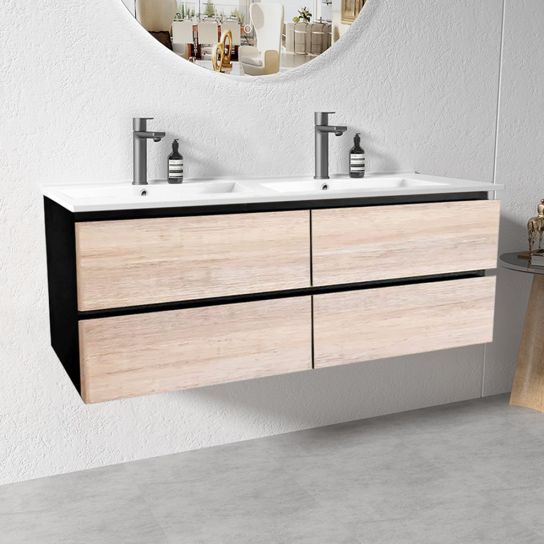 NELSON WALL HUNG VANITY | 1200MM | BLACK & LIGHT OAK | PLYWOOD| DOUBLE BASIN