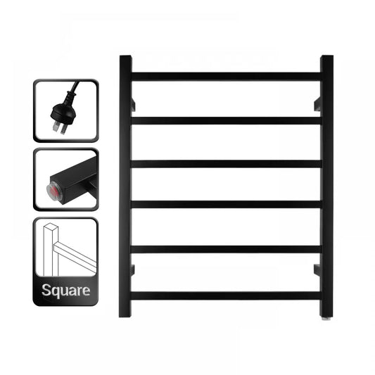 6 BAR SQUARE HEATED TOWEL RAIL - MATTE BLACK 800H*600W*120D