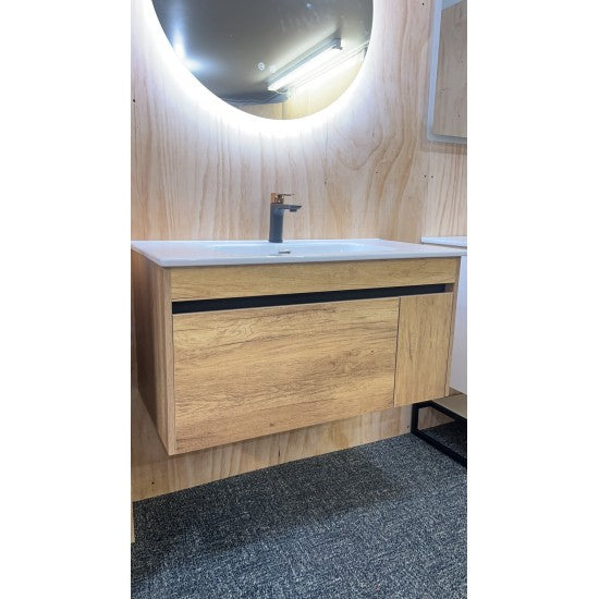 HONEY OAK WALL HUNG VANITY | 600MM | SINGLE DRAWER | BC13