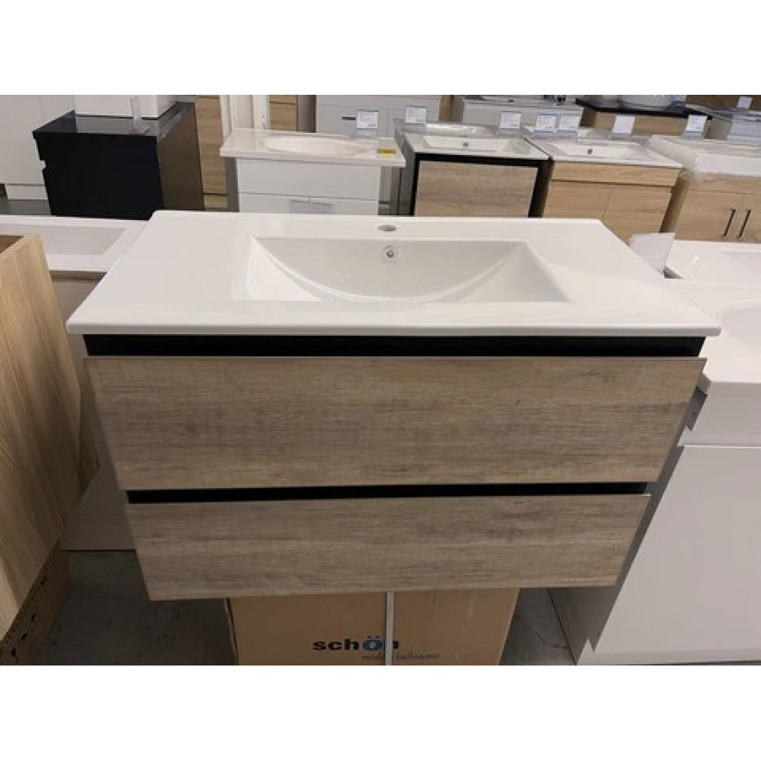 NELSON WALL HUNG VANITY | 600MM | BLACK & LIGHT OAK | PLYWOOD