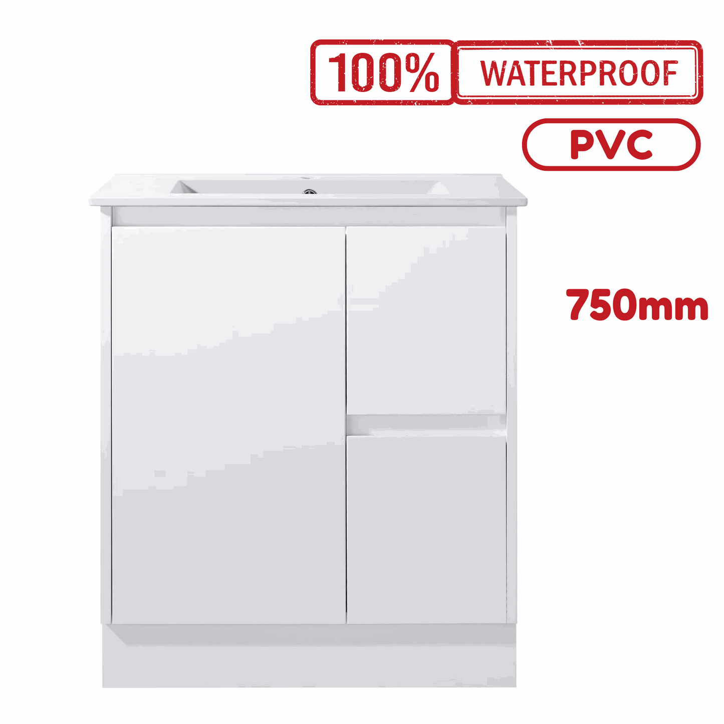 750MM PVC VANITY 100% WATERPROOF GLOSS WHITE FLOOR STANDING