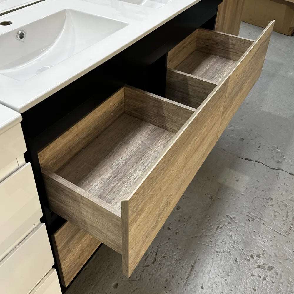 1200MM POLO BLACK & LIGHT OAK FREESTANDING VANITY DOUBLE BASIN