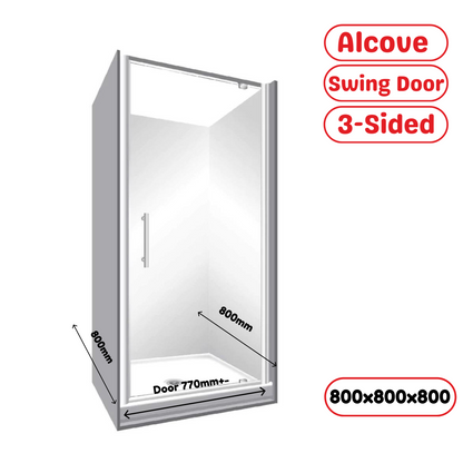 800x800x800MM ALCOVE 3 SIDED SHOWER ENCLOSURE WITH SWING DOOR - CHROME