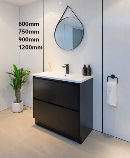 900MM POLO DARK OAK PLYWOOD FLOORSTANDING VANITY WITH CERAMIC TOP