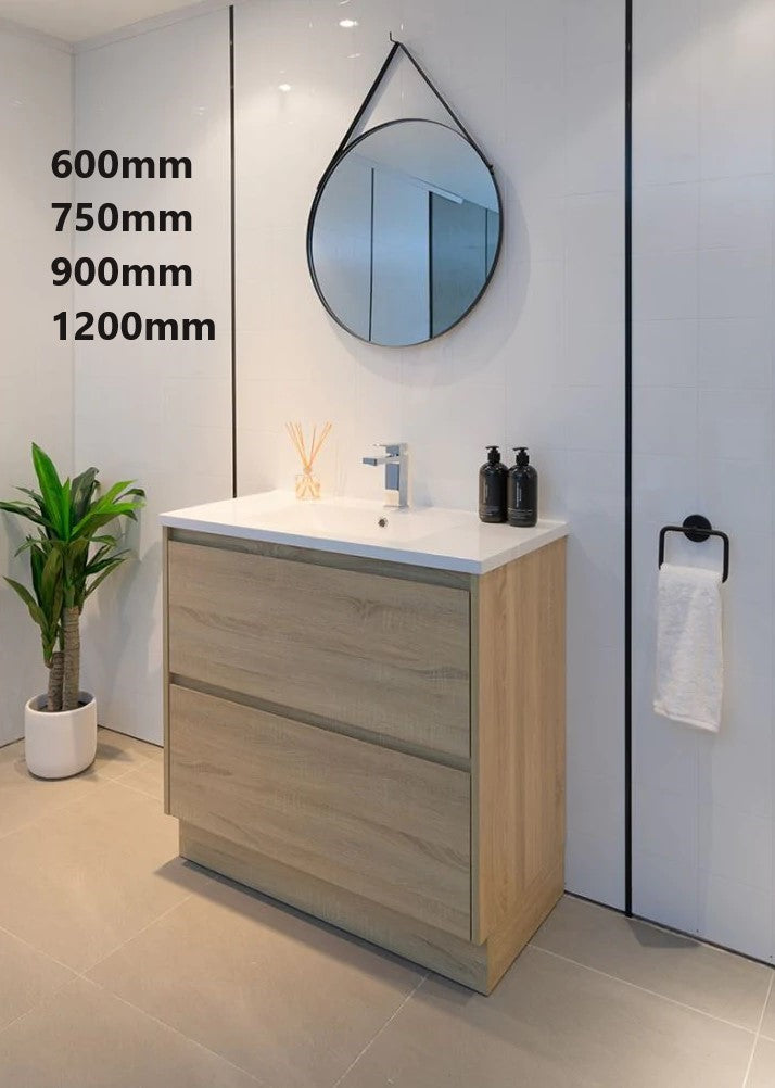 900MM POLO LIGHT OAK PLYWOOD FREESTANDING VANITY WITH CERAMIC TOP