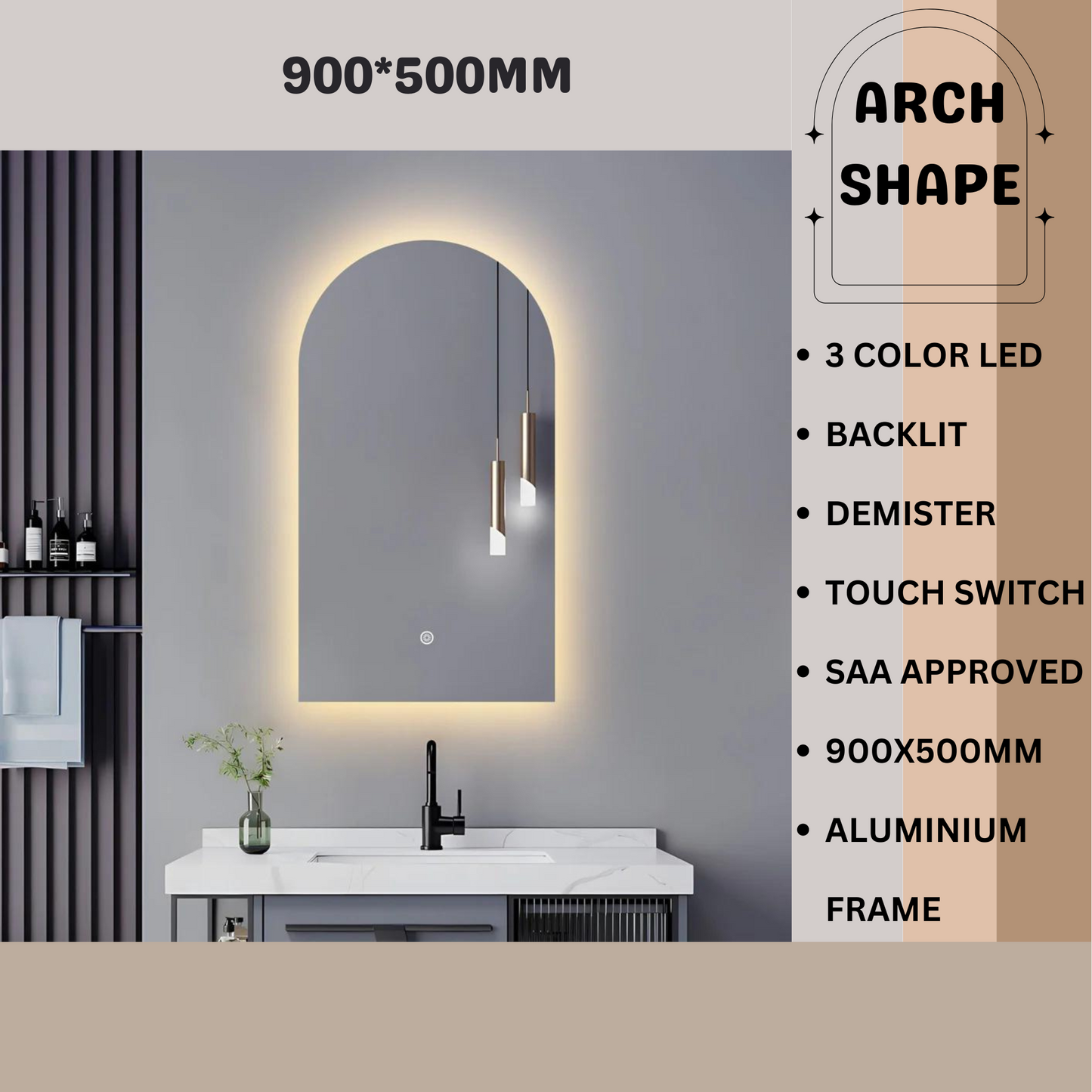 BIANCA ARCH SHAPE BACKLIT LED MIRROR | DEFOGGER | 3 COLOUR LIGHTS