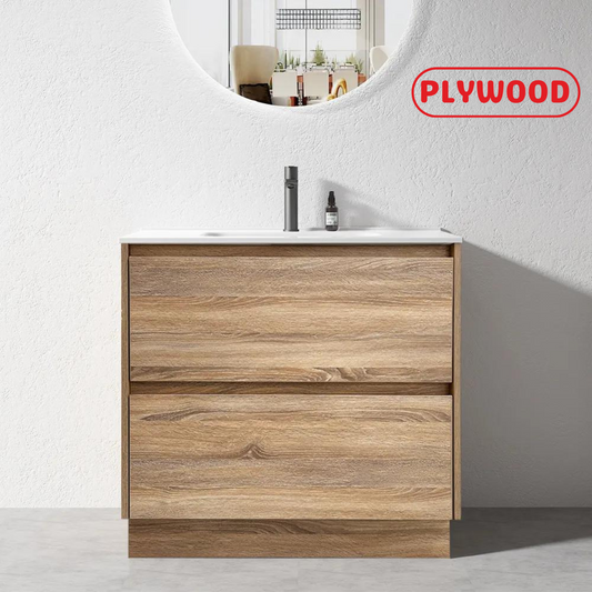 900MM POLO LIGHT OAK PLYWOOD FREESTANDING VANITY WITH CERAMIC TOP