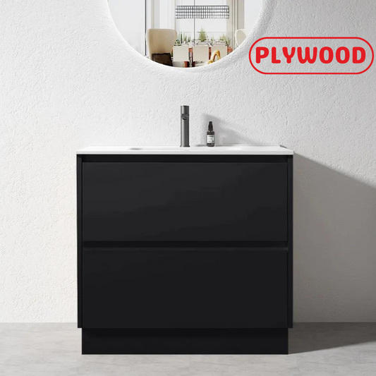 900MM POLO DARK OAK PLYWOOD FLOORSTANDING VANITY WITH CERAMIC TOP