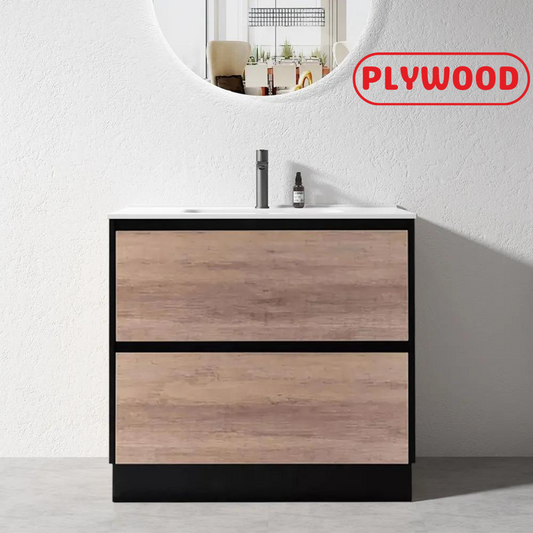 900MM POLO BLACK & LIGHT OAK FREESTANDING VANITY WITH CERAMIC TOP