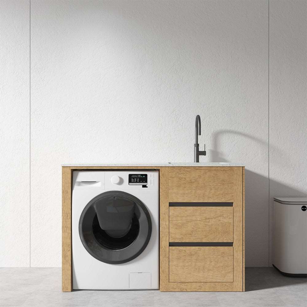 1500MM PLYWOOD LAUNDRY STATION | HONEY OAK | STONE BENCHTOP | STAINLESS STEEL SINK