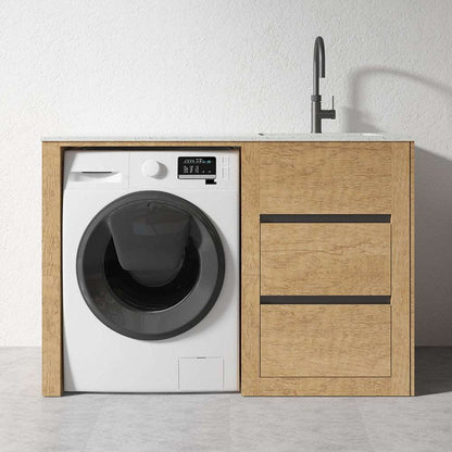 1500MM PLYWOOD LAUNDRY STATION | HONEY OAK | STONE BENCHTOP | STAINLESS STEEL SINK