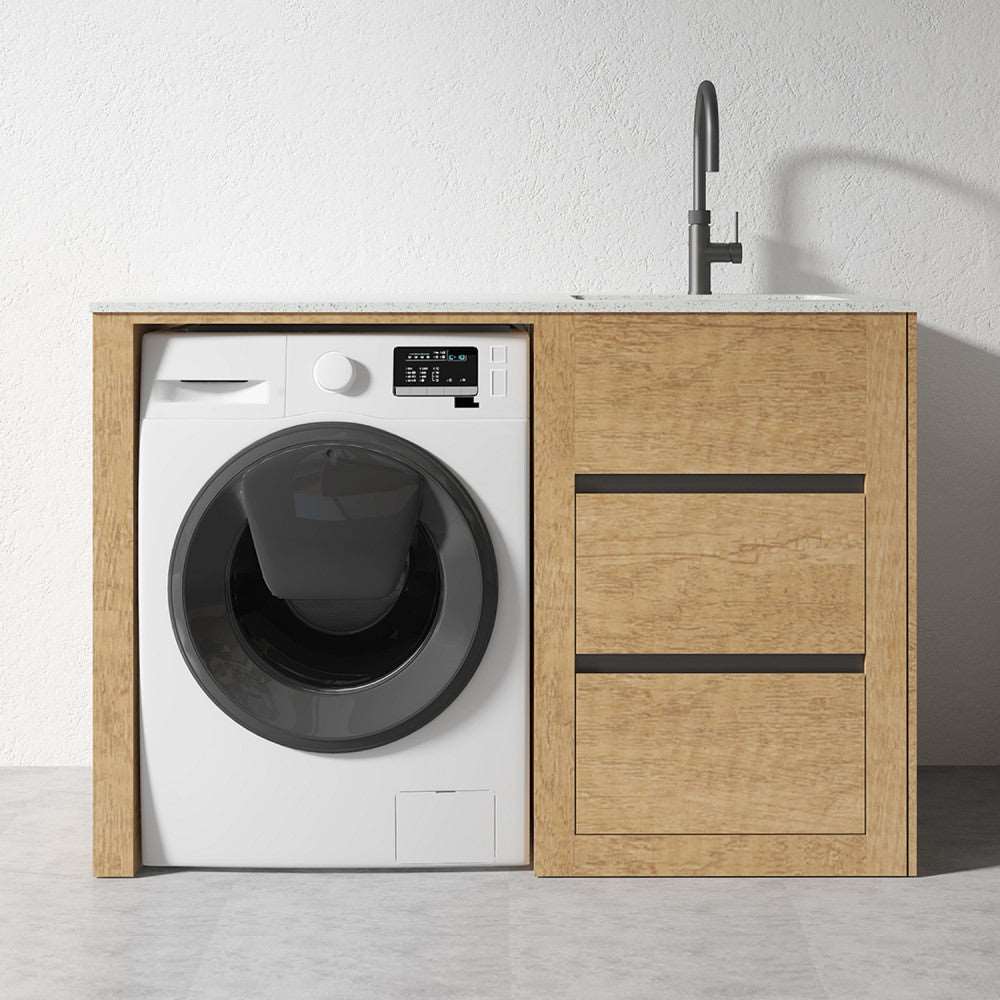 1300MM PLYWOOD LAUNDRY STATION | HONEY OAK | STONE BENCTOP | STAINLESS STEEL SINK