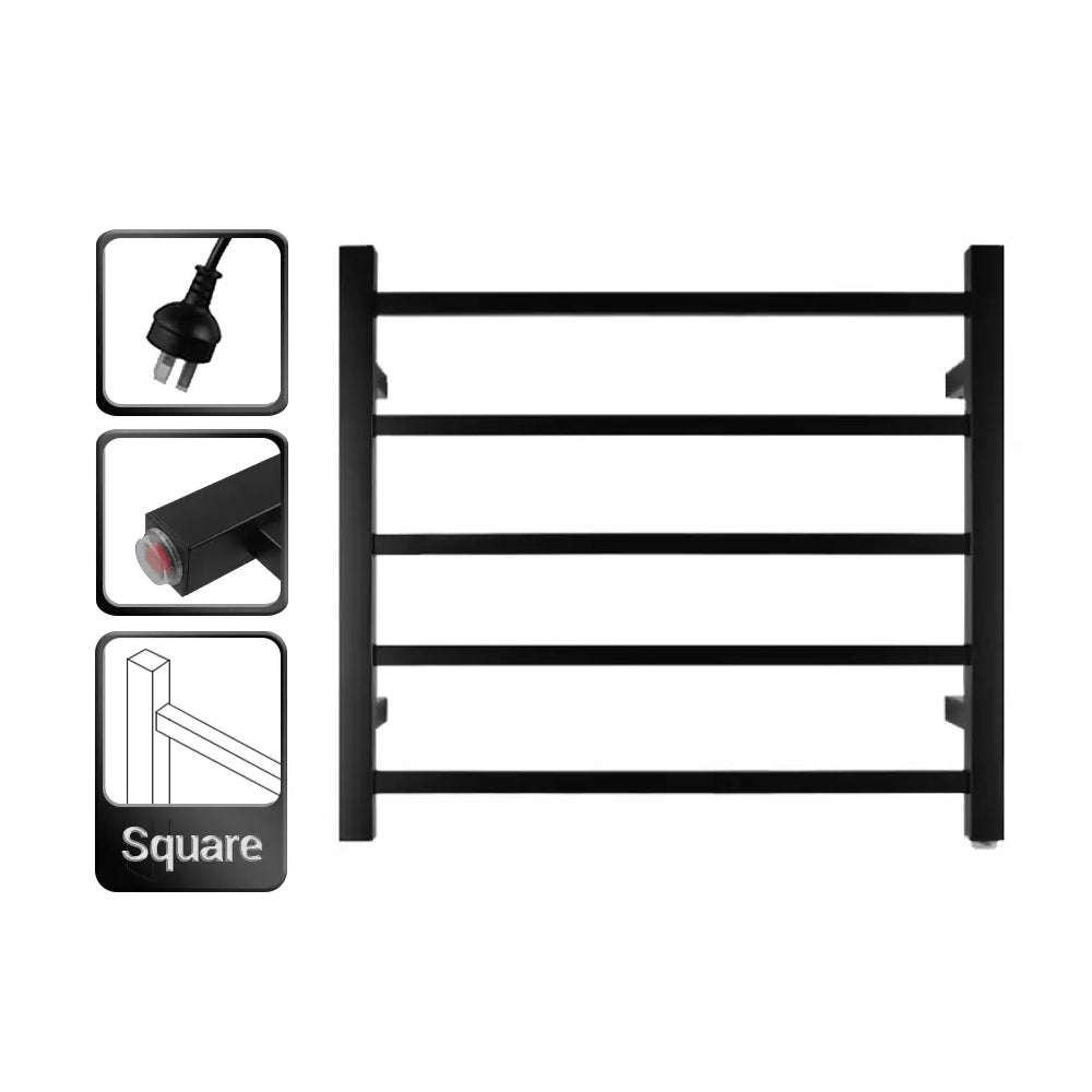 5 BAR SQUARE HEATED TOWEL RAIL - MATTE BLACK 530H*600W*120D