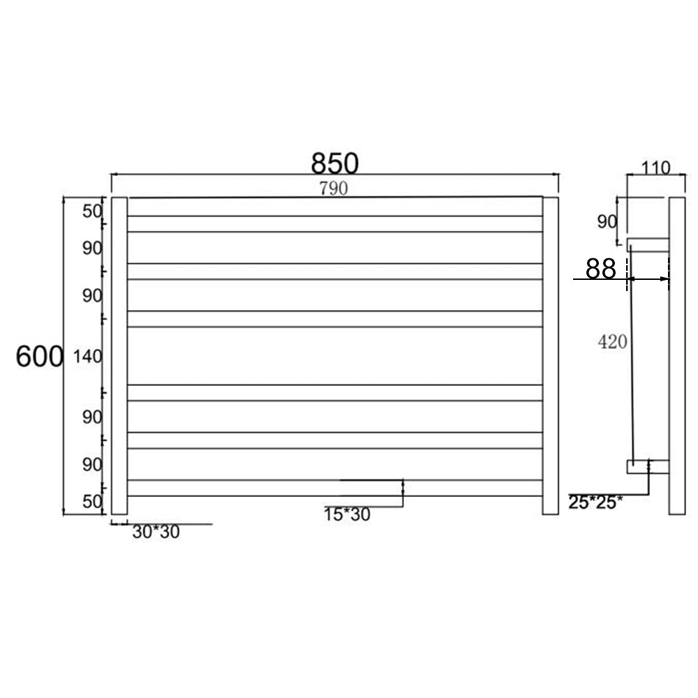 6 BAR 850MM WIDE SQUARE HEATED TOWEL RAIL - MATTE BLACK 600H*850W*120D