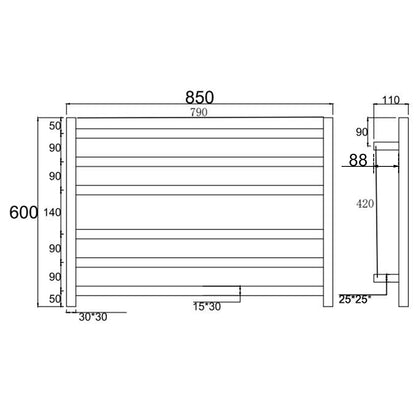 6 BAR 850MM WIDE SQUARE HEATED TOWEL RAIL - MATTE BLACK 600H*850W*120D