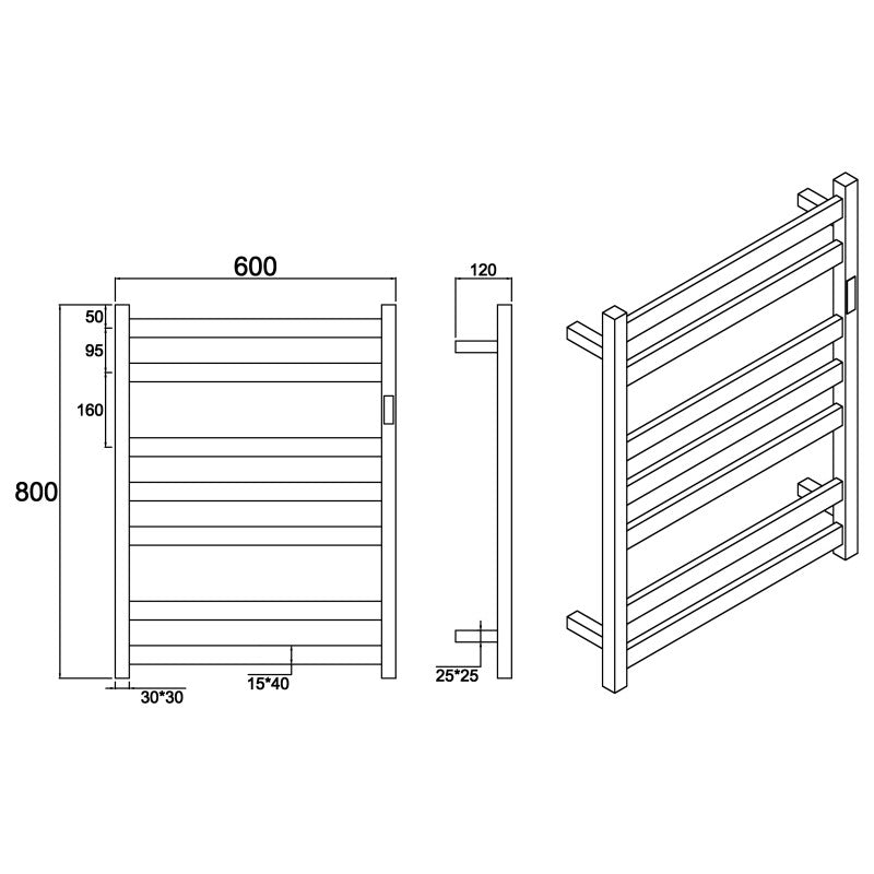 7 BAR SQUARE HEATED TOWEL RAIL DN- BRUSHED GUNMETAL 800H*600W*120D