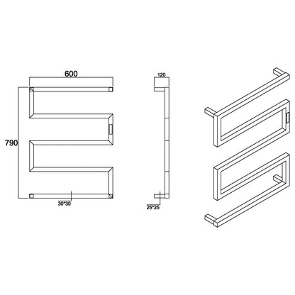 5 BAR SQUARE DESIGNER HEATED TOWEL RAIL WITH BUILT-IN TIMER DN- MATTE BLACK 790H*600W