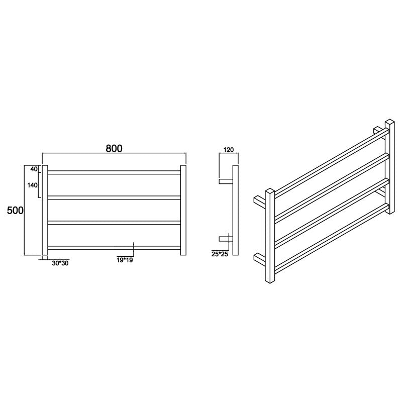 4 BAR 800MM WIDE HEATED TOWEL RAIL DN - CHROME 500H*800W*120D