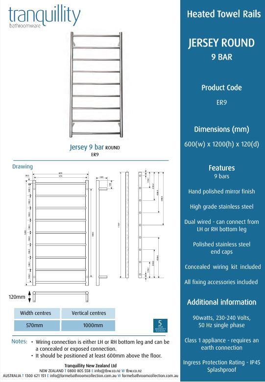 TRANQUILLITY JERSEY 9 BAR ROUND HEATED TOWEL WARMER - BRUSHED GUNMETAL 1200H*600W*120D