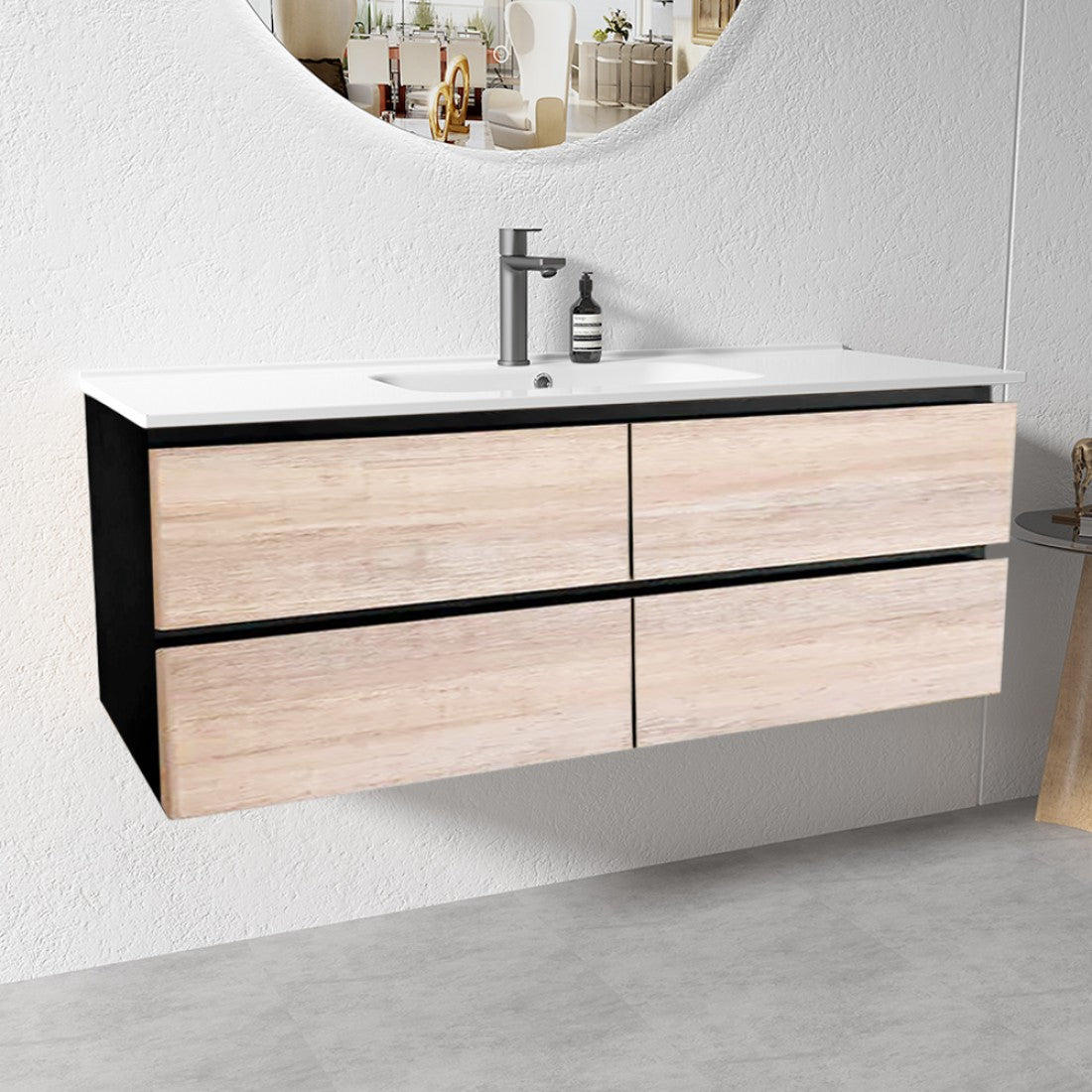 NELSON WALL HUNG VANITY | 1200MM | BLACK & LIGHT OAK | PLYWOOD| SINGLE BASIN