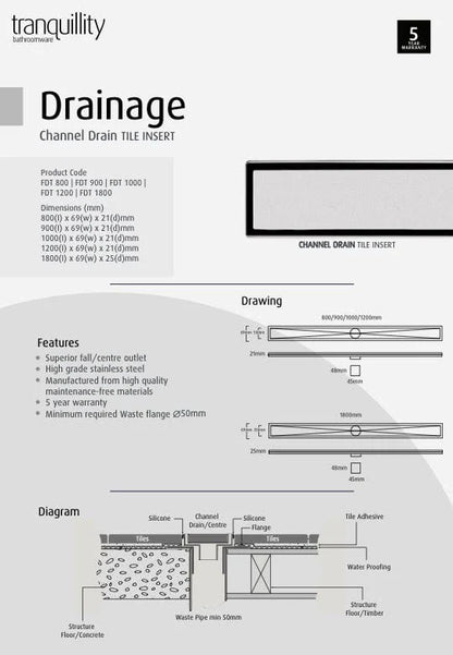 TRANQUILLITY CHANNEL DRAIN | TILE INSERT | 800MM-1800MM | 4 COLOURS