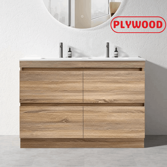 1200MM POLO LIGHT OAK PLYWOOD FREESTANDING VANITY DOUBLE BASIN