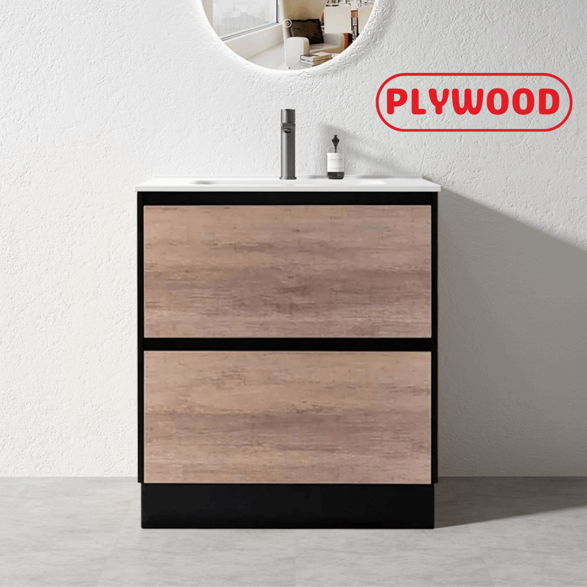 600MM POLO BLACK & LIGHT OAK FLOORSTANDING VANITY WITH CERAMIC TOP